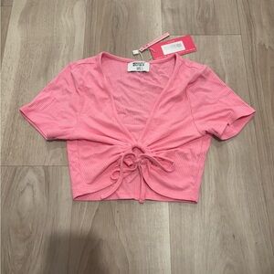 Beginning Boutique Pink Tie Front Crop Blouse